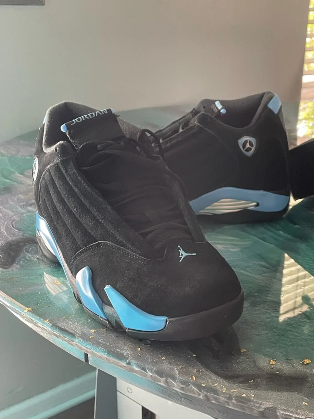 Air Jordan 14 Retro Men’s Black and University Blue Retro Sneakers - Picture 1 of 12